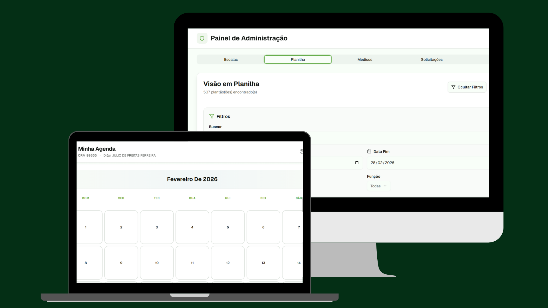 Painel de administração do Teko mostrando visão em planilha com filtros de escalas, médicos e solicitações, ao lado do aplicativo mobile de agenda do médico