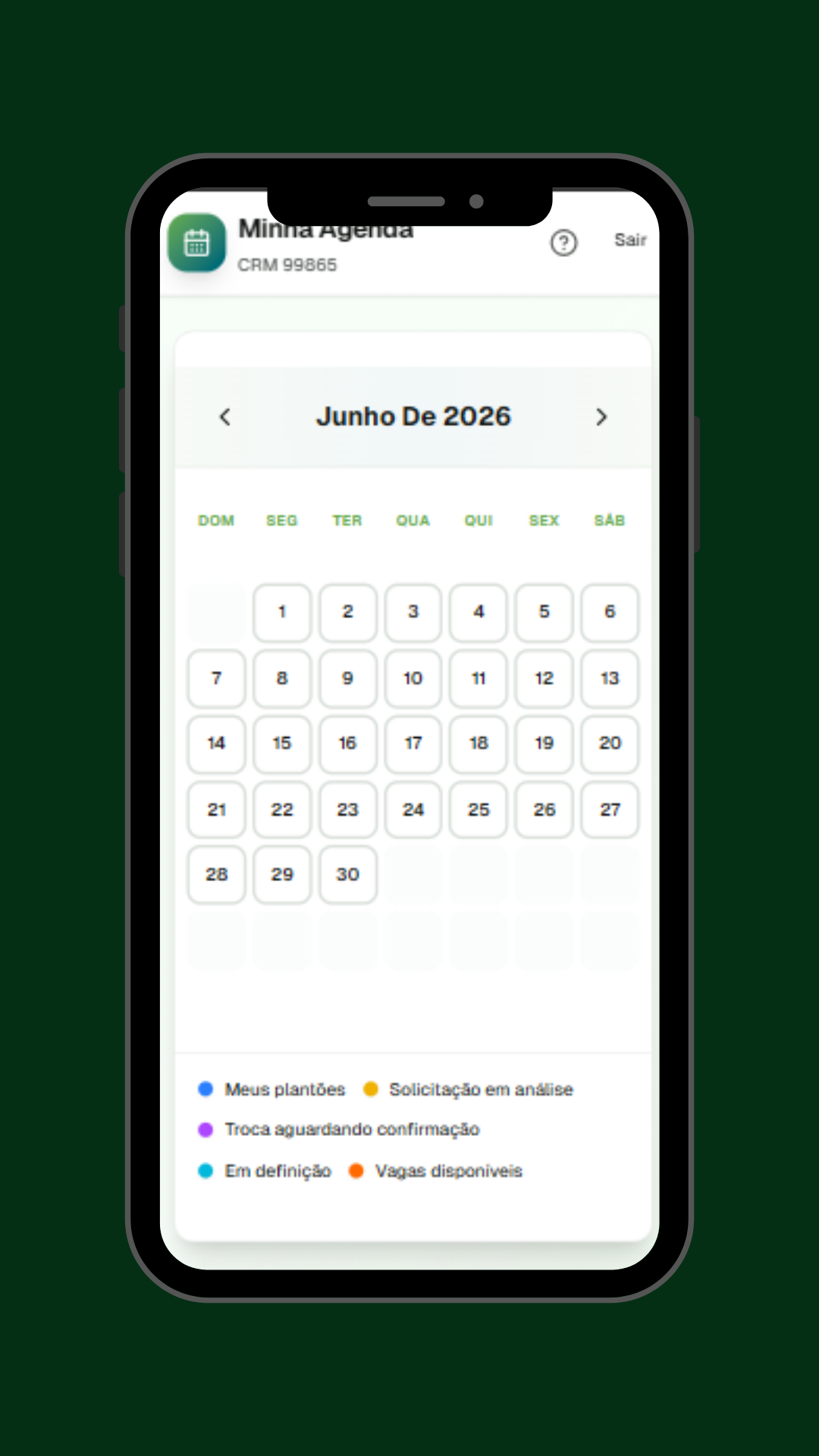 Aplicativo Teko mostrando a agenda do médico com calendário mensal, legenda de plantões, solicitações em análise e vagas disponíveis